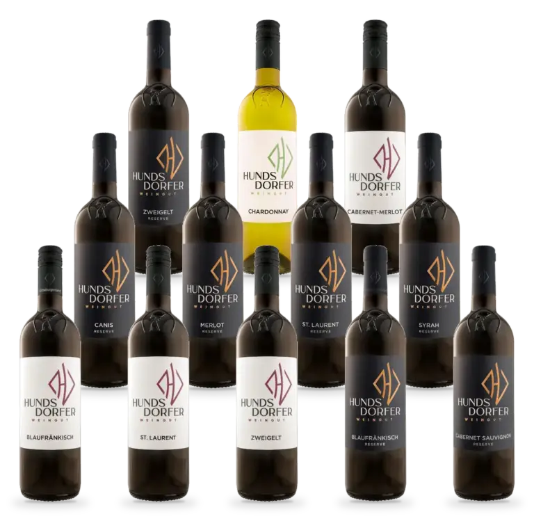 12 Flaschen im 12er Kennenlern-Set: Blaufränkisch Ried Hochberg 2024, St. Laurent Classic 2022, Zweigelt Classic 2024, Blaufränkisch DAC Reserve 2021, Cabernet Sauvignon Reserve 2022, Cuvée Canis Reserve 2022, Merlot Reserve 2021, St. Laurent Reserve 2021, Syrah Reserve 2021, Zweigelt Reserve 2021, Chardonnay 2025, Cabernet Merlot 2025