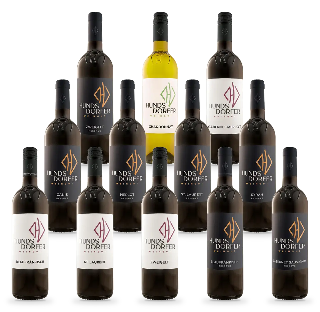 12 Flaschen im 12er Kennenlern-Set: Blaufränkisch Ried Hochberg 2024, St. Laurent Classic 2022, Zweigelt Classic 2024, Blaufränkisch DAC Reserve 2021, Cabernet Sauvignon Reserve 2022, Cuvée Canis Reserve 2022, Merlot Reserve 2021, St. Laurent Reserve 2021, Syrah Reserve 2021, Zweigelt Reserve 2021, Chardonnay 2025, Cabernet Merlot 2025